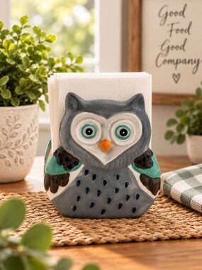 Boston Warehouse Owl Napkin Holder Ceramic Gray Teal Kitchen Table Decor 5"